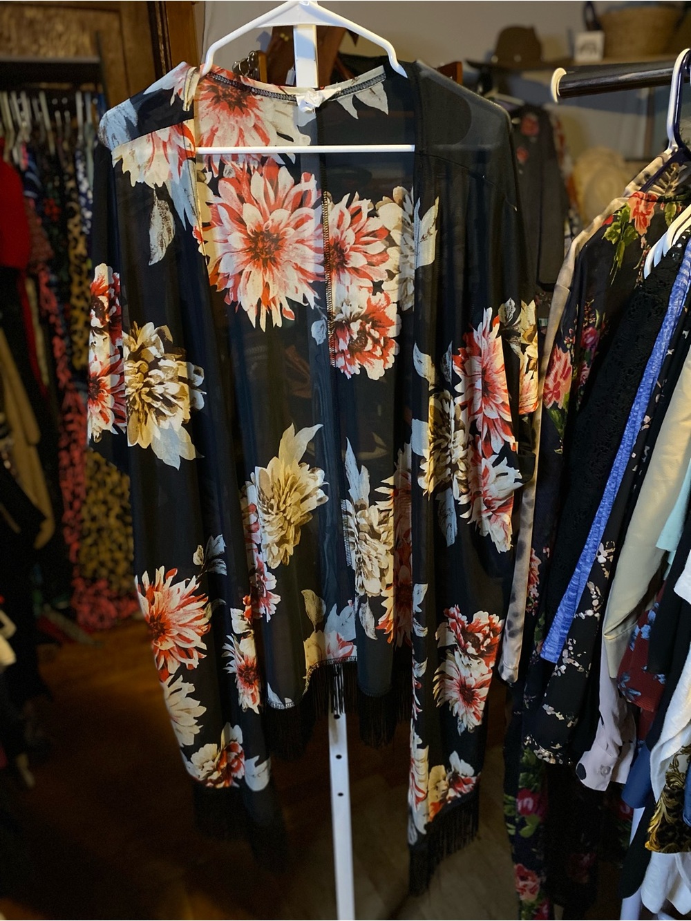 Siren Lily Black Floral Kimono Cover-Up with Red, pink and Cream Blooms - sheer